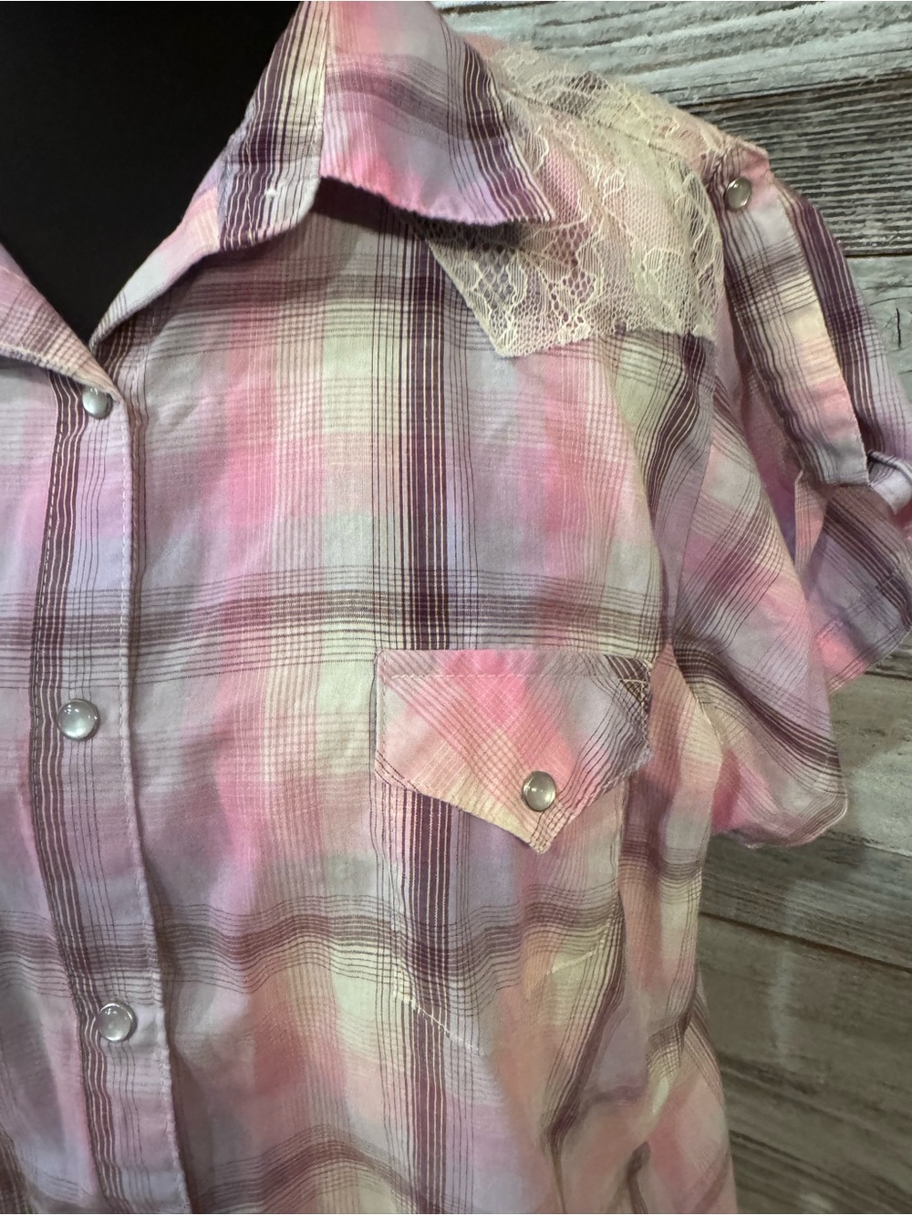 Wrangler Pink Purple Plaid Snap Down Shirt with Lace Accents - Picture 3 of 5